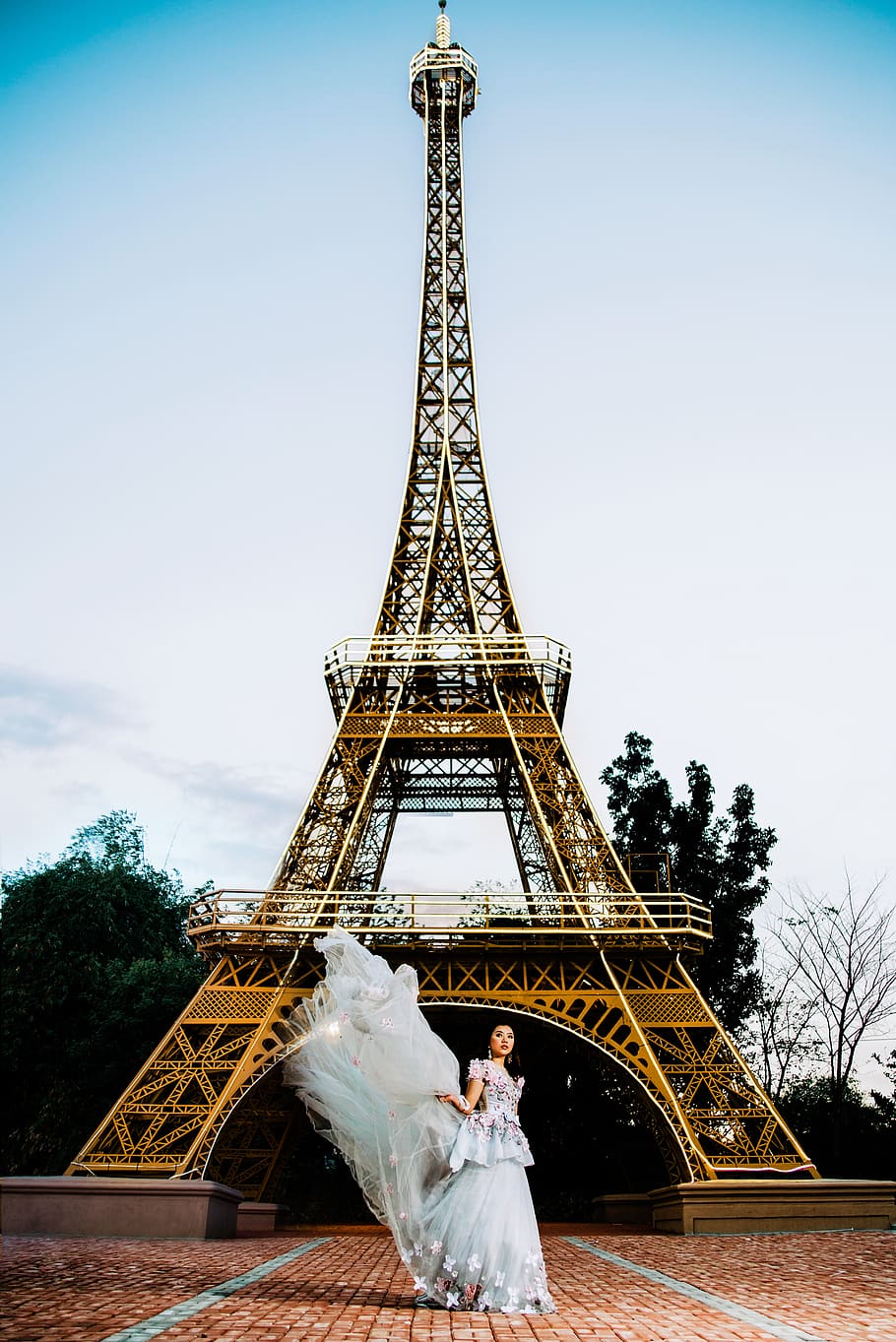 Woman Standing Near Eiffel Tower, architecture, art, daylight