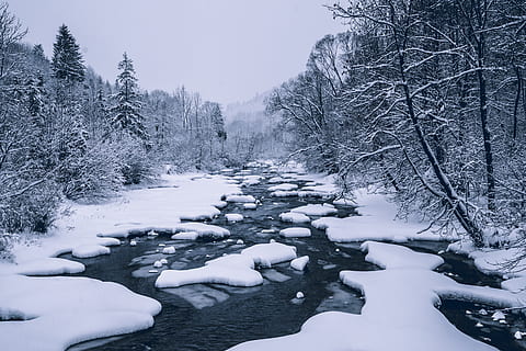 river covered with snow, ice, nature, outdoors, mountain, poland HD wallpaper