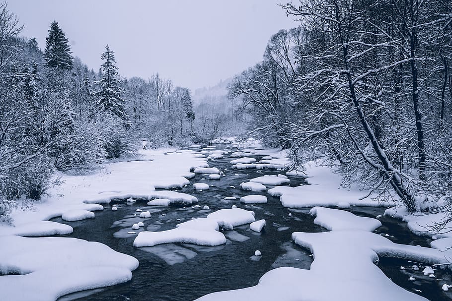 river covered with snow, ice, nature, outdoors, mountain, poland HD wallpaper
