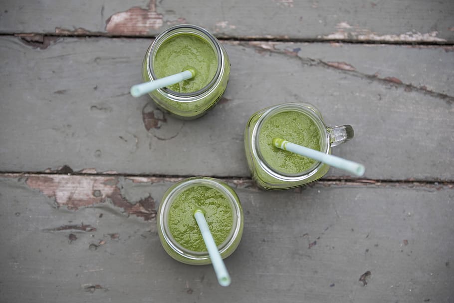 three jars filled with green liquid, drink, refreshment, food and drink HD wallpaper