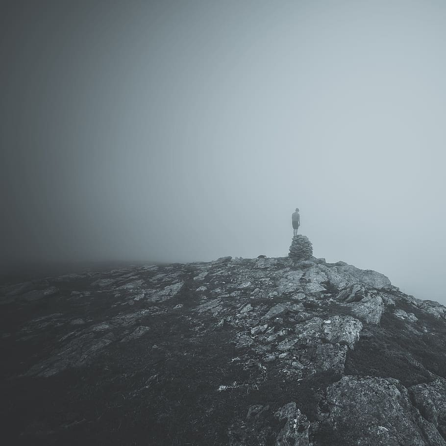 mountain, hill, rock, peak, black and white, people, alone HD wallpaper