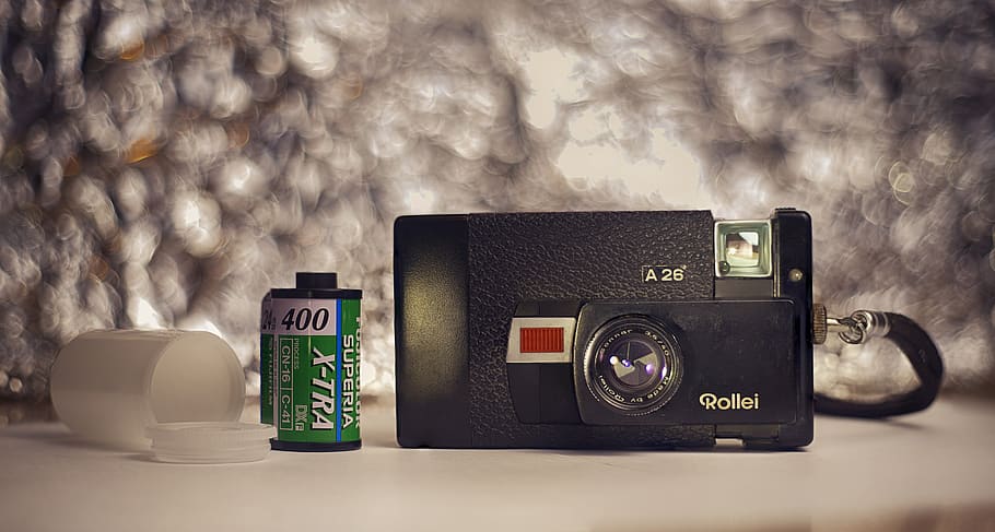 black Rollei A26 camera, electronics, cosmetics, deodorant, tin HD wallpaper