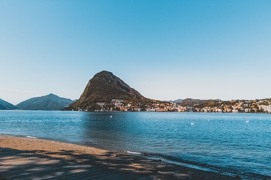 Shore With Mountain Background Photo, bay, beach, blue, coast HD wallpaper