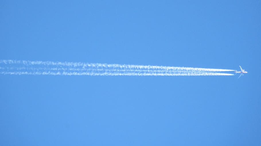 sky, fly, plane, air vehicle, airplane, vapor trail, flying HD wallpaper