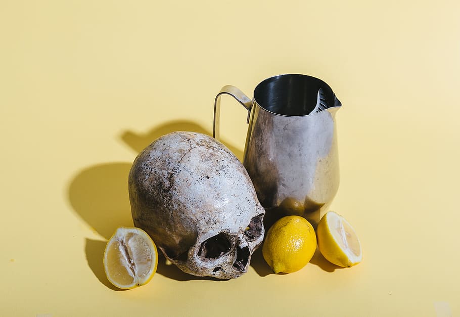 human skull beside pitcher and lemons, jug, yellow, still life