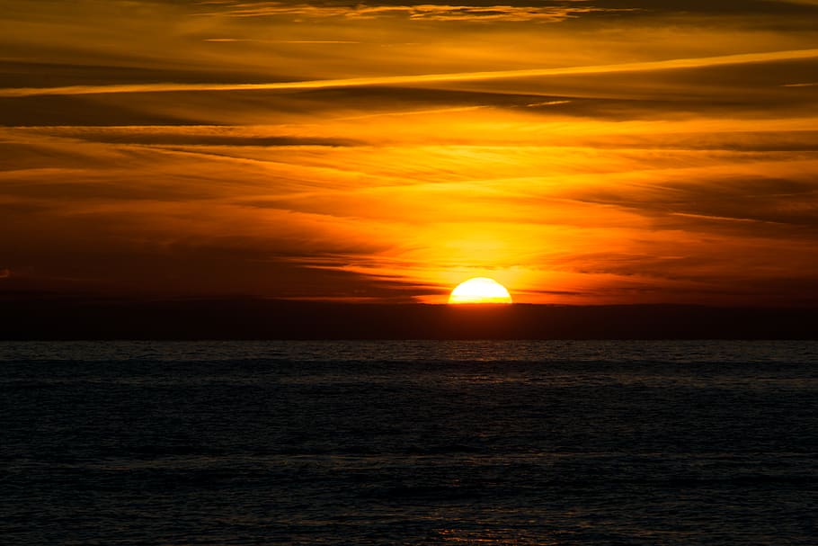 sunset ocean, nature, outdoors, sky, dawn, dusk, red sky, sunlight HD wallpaper