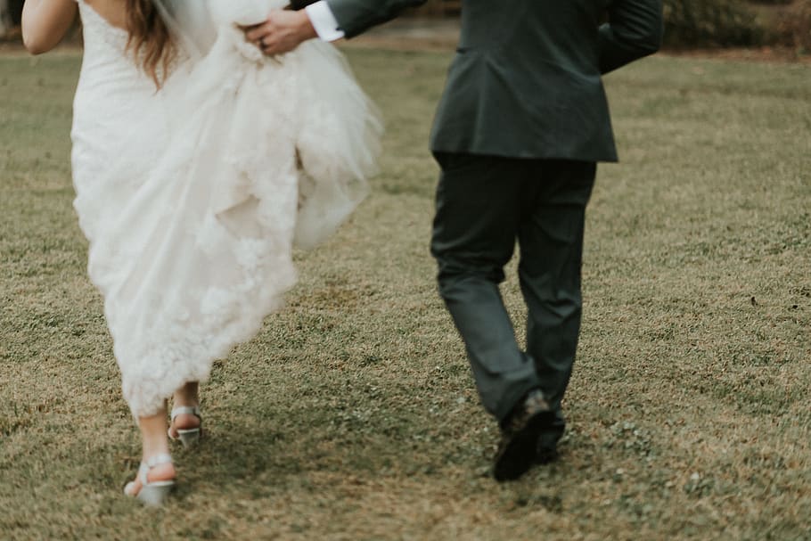 wedded couple walking on grass field, clothing, apparel, human, HD wallpaper