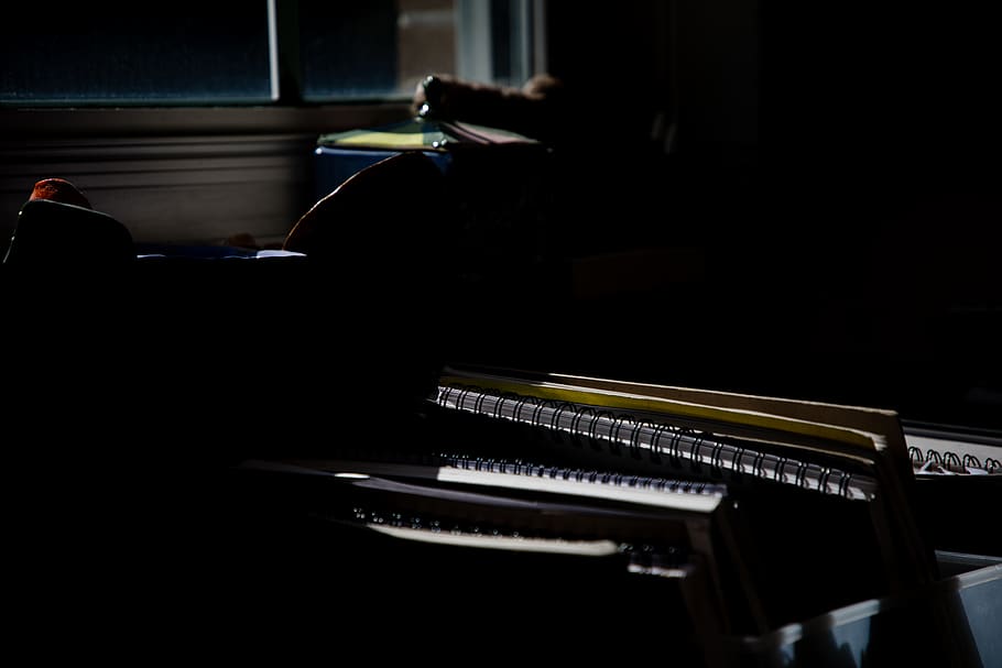 spiral notebooks near window, grand piano, musical instrument HD wallpaper