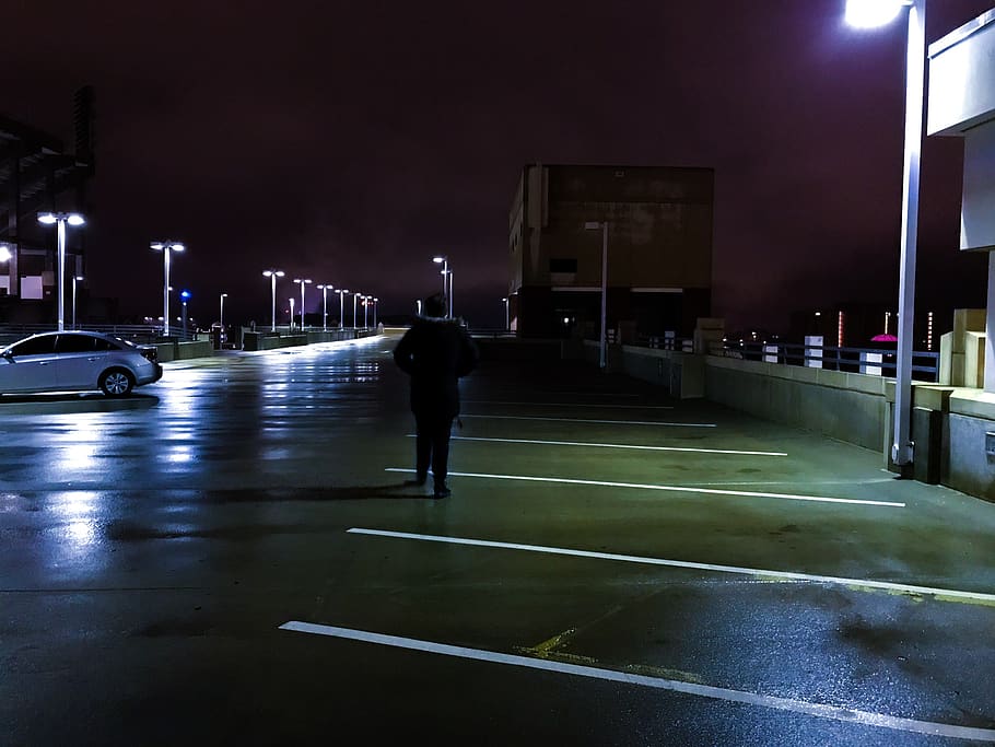 rooftop, sky, night, man, walking away, illuminated, street HD wallpaper