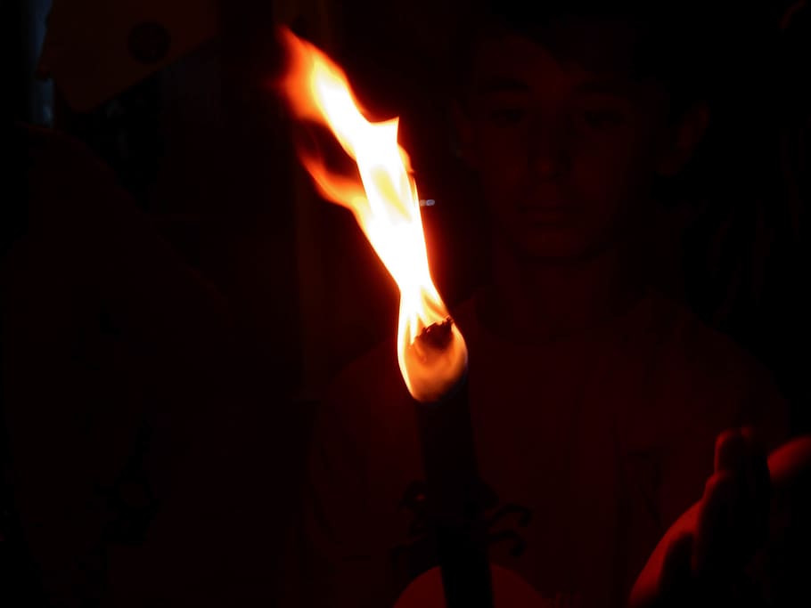 fire, lights, people, red, orange, burn, boy, child, children HD wallpaper