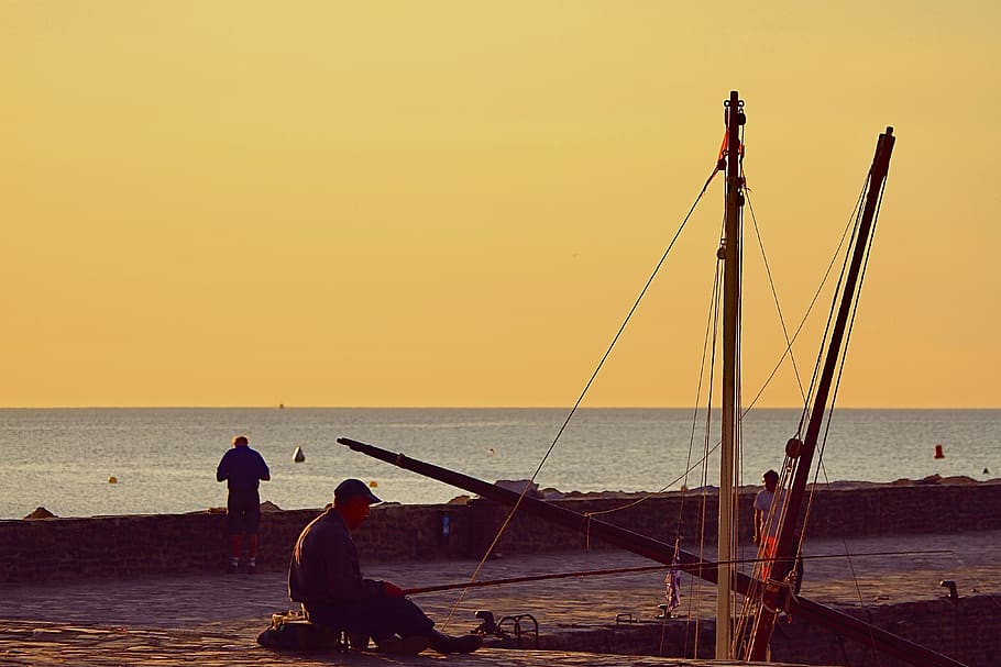 france, collioure, sea, water, sky, sunset, real people, beach HD wallpaper