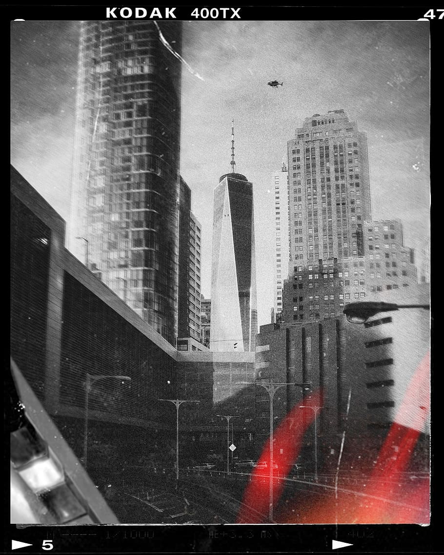 grayscale photo of city buildings, vintage, polaroid, kodak, film, HD wallpaper