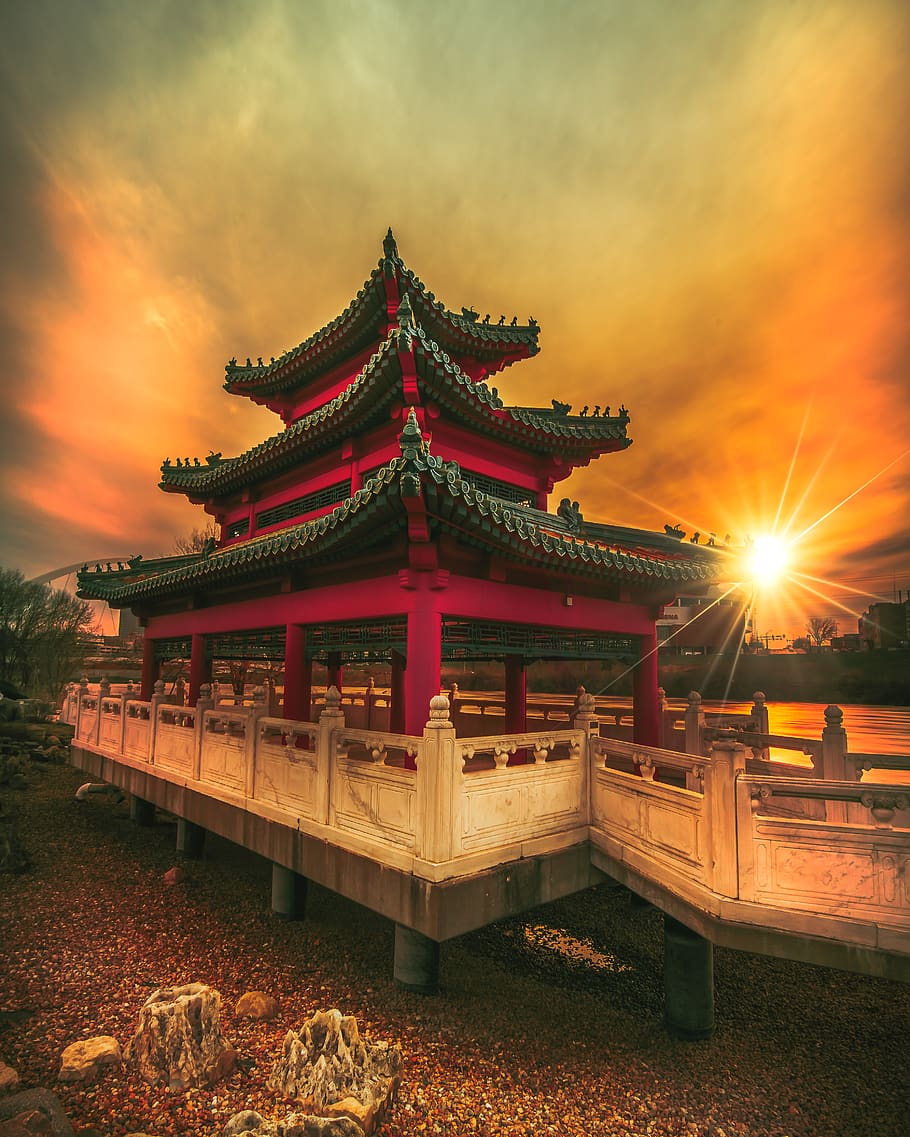 red temple, sky, architecture, built structure, cloud - sky, religion HD wallpaper