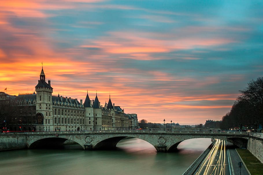 architecture, bridge, building, castle, city, dusk, paris, river HD wallpaper