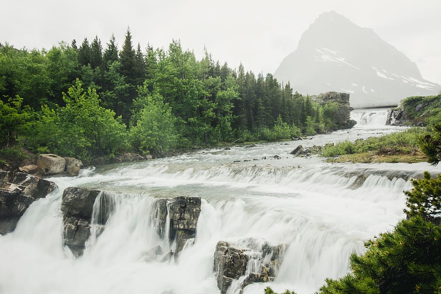 waterfalls near mountain, landscape, river, nature, bridge, tree HD wallpaper