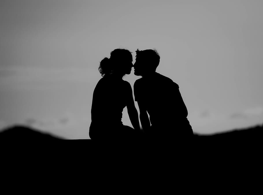 sihouette photo of man and woman about to kiss, silhouette, human, HD wallpaper
