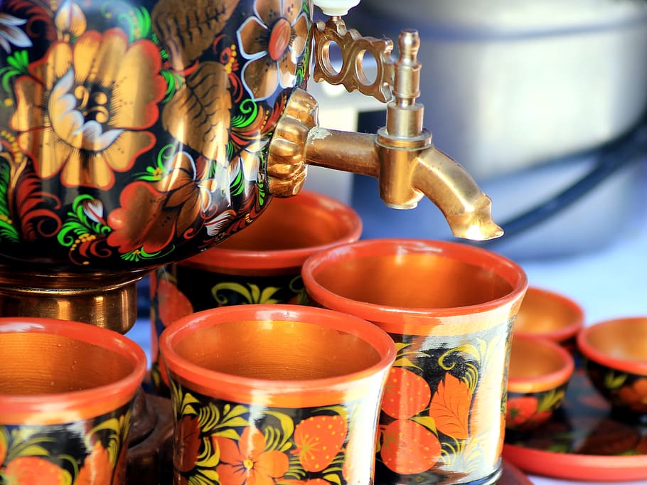 samovar, tea, russia, folklore, khokhloma, nutrition, traditions HD wallpaper