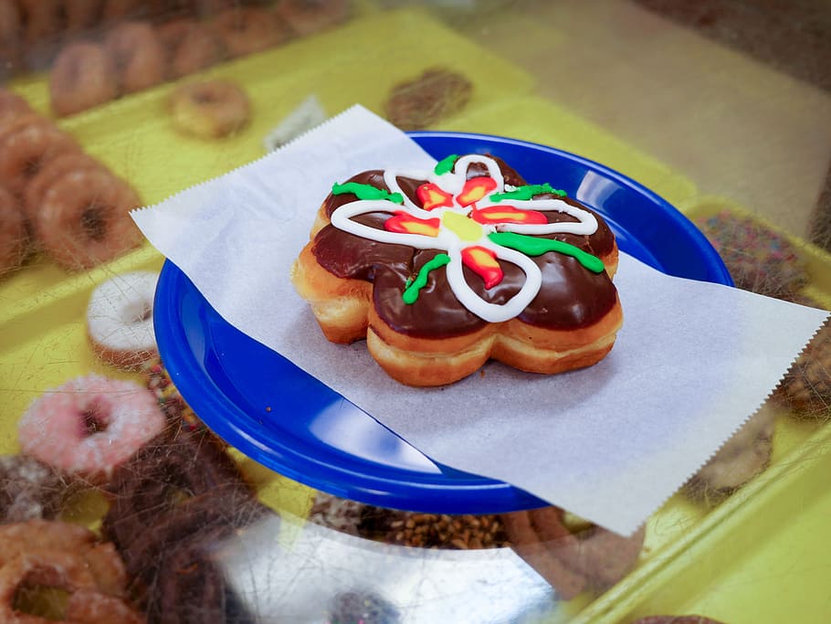 Flower donut sitting on a blue plate in a donut shop., bakery, HD wallpaper