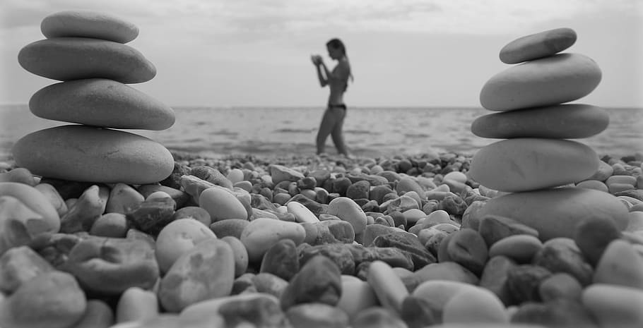 rock, rocky, stone, shore, sea, seashore, beach, girl, woman HD wallpaper