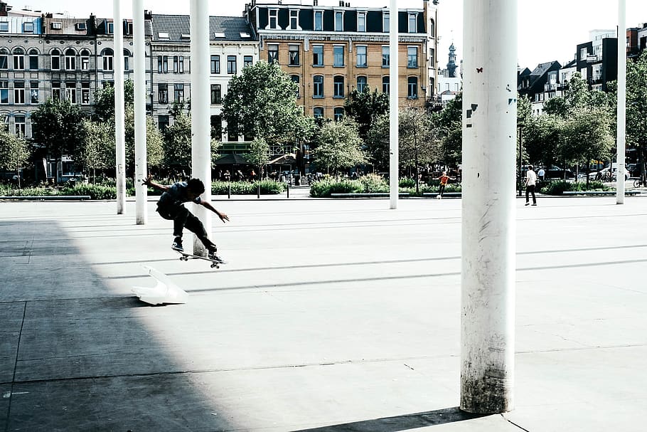 man riding skateboard, antwerp, building, urban, city, belgium HD wallpaper