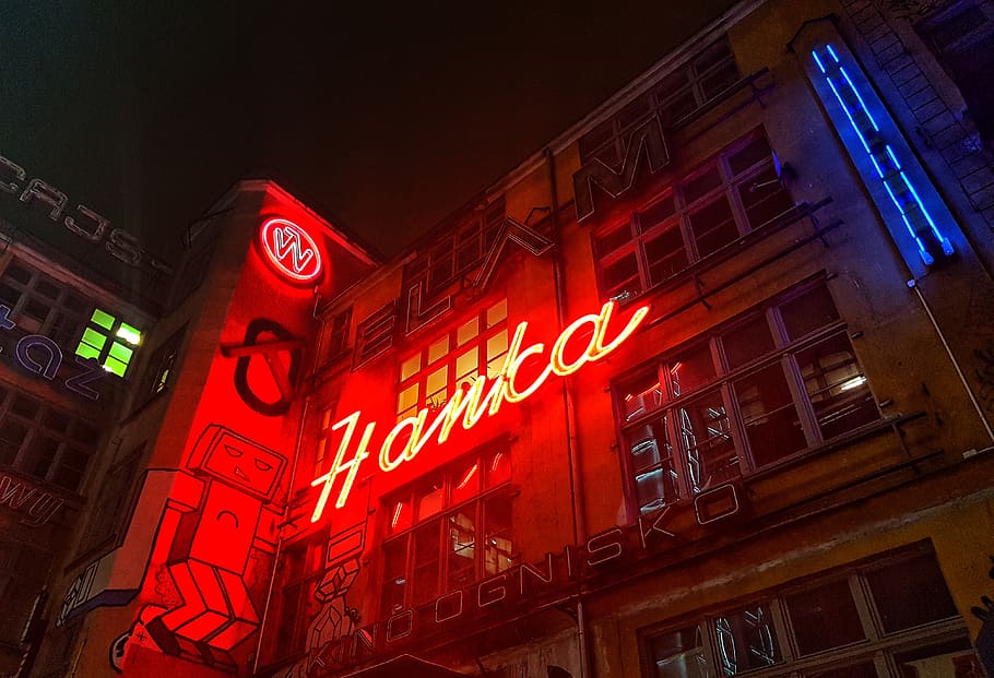 white painted building, light, neon, poland, wrocław, ruska 46c HD wallpaper