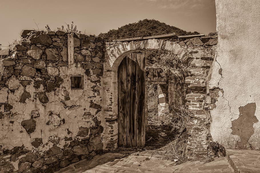 gate, old, stone, aged, decay, doorway, entrance, weathered, HD wallpaper