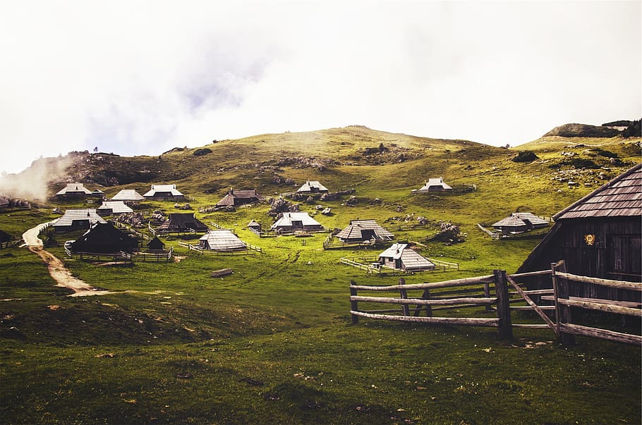 stables, huts, fences, grass, rural, built structure, architecture HD wallpaper