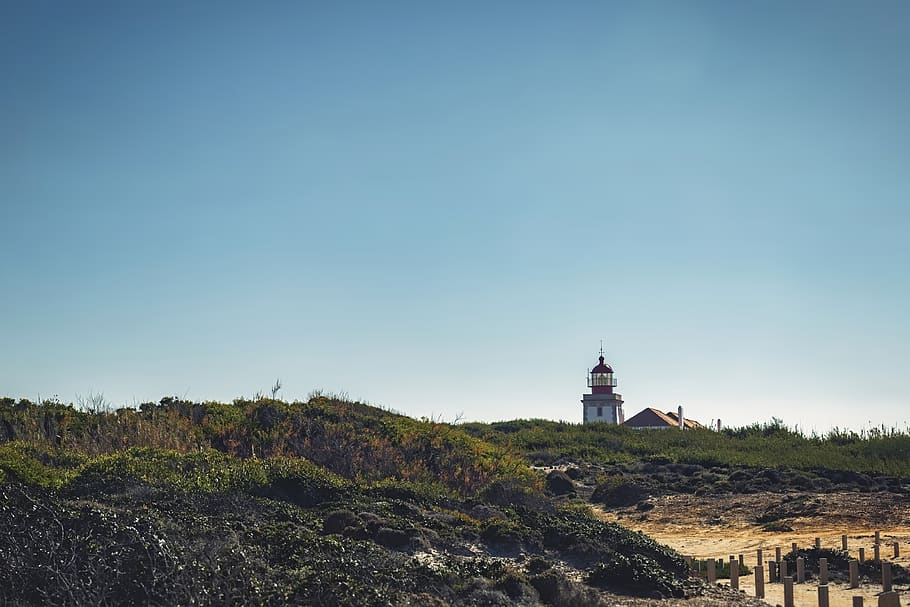 lighthouse, landscape, coast, sea, sky, watching, atmospheric HD wallpaper