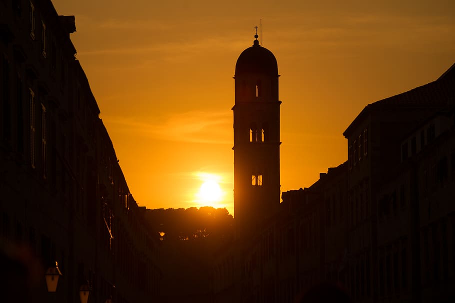 sun, sunset, setting, orange, city, church, building exterior HD wallpaper