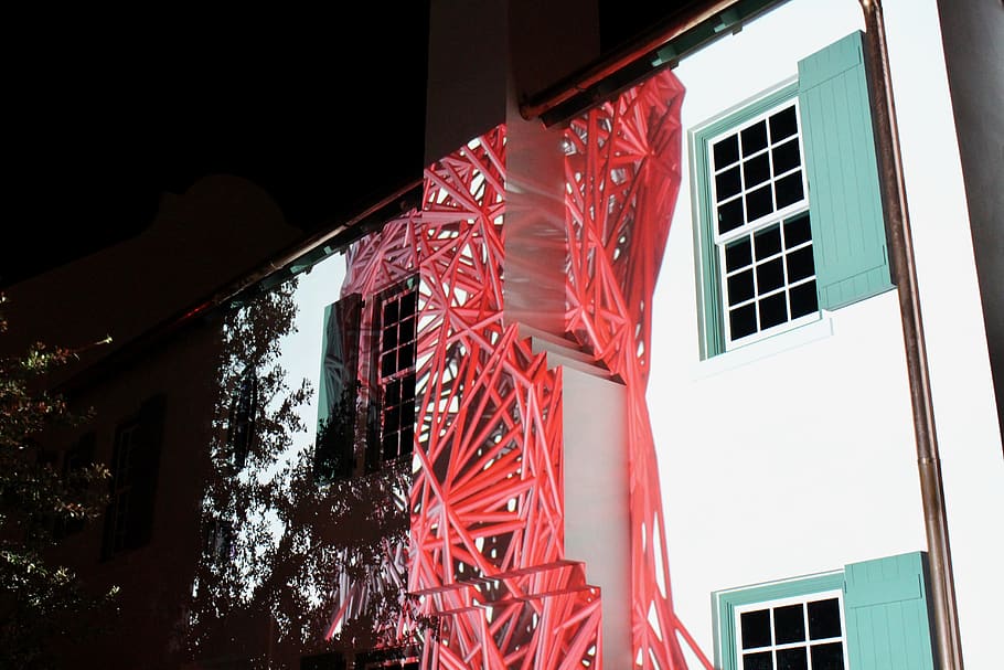 graffiti, art, red, night, building, projection, building exterior HD wallpaper