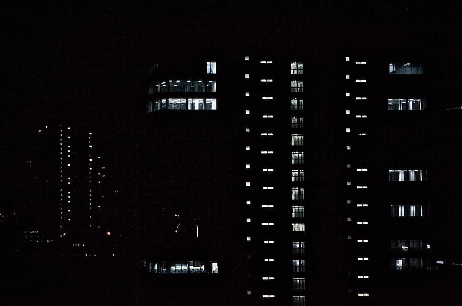 architecture, light, glass, night, dark, balcony, window, lights HD wallpaper