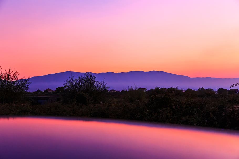 albania, shkodër, balkan, sunset, reflection, mountains, tree, HD wallpaper