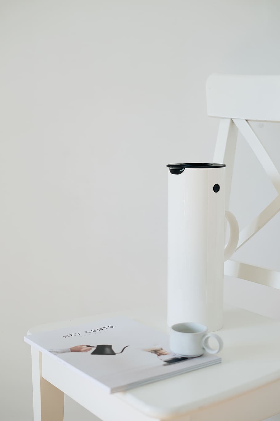 white plastic pitcher, indoors, still life, table, copy space HD wallpaper