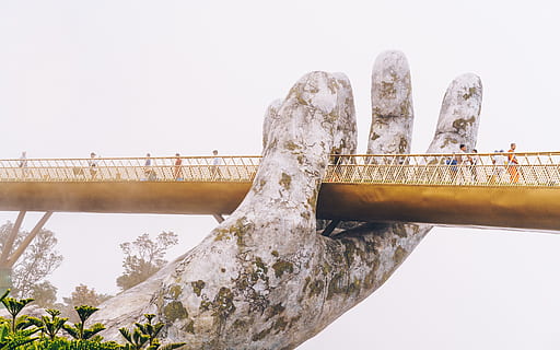 palm bridge, axe, tool, person, human, people, hills, fog, haze HD wallpaper