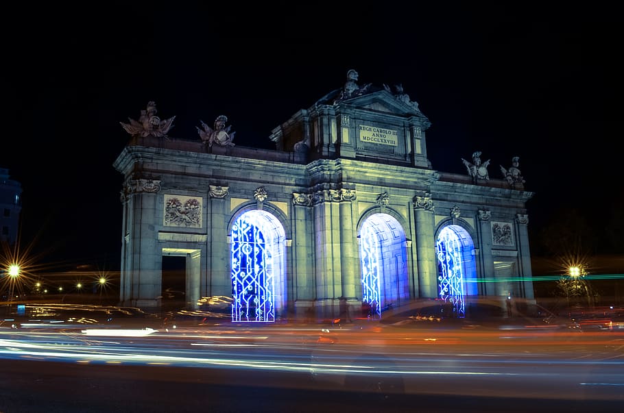 madrid, spain, light, lights, night, exposure, traffic, monument HD wallpaper