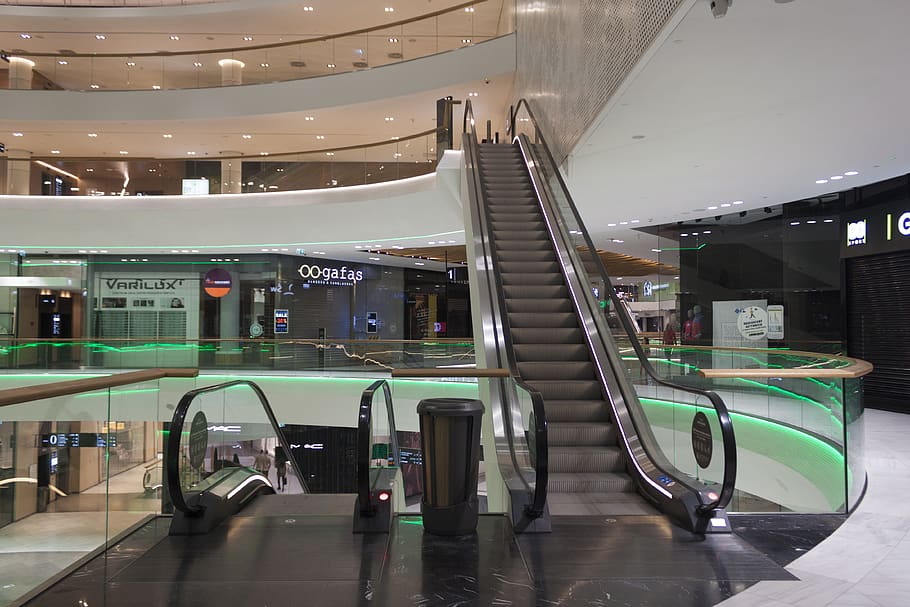 escalator, shopping center, department store, escalators, building, HD wallpaper
