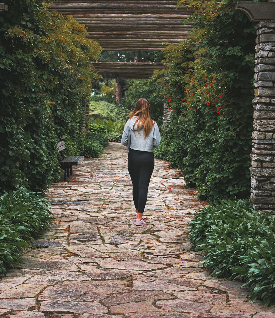 flowers, path, bench, trees, foggy, girl, portrait, cinematic HD wallpaper