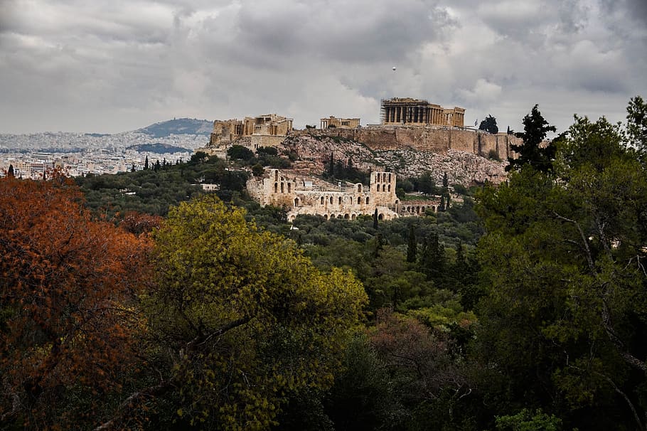 Ruins, architecture, buildings, clouds, landmark, mountain, tourist attraction HD wallpaper