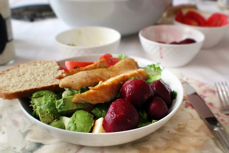 salad, meal, supper, dinner, chicken, beets, lettuce, bread HD wallpaper