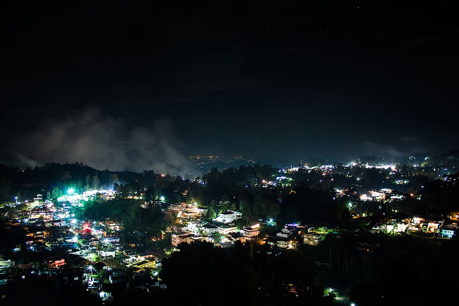 india, kodaikanal, night, night sky, hillstation, trees, town, HD wallpaper