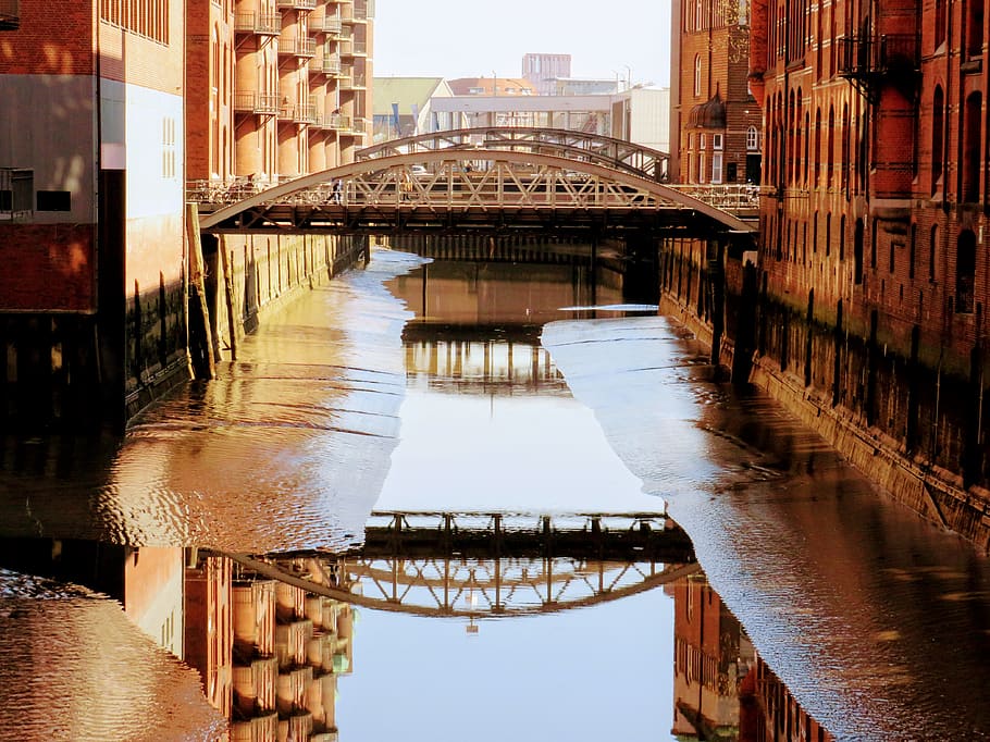 hamburg, hafencity, germany, reflection, sun, bridge, infrastructure HD wallpaper