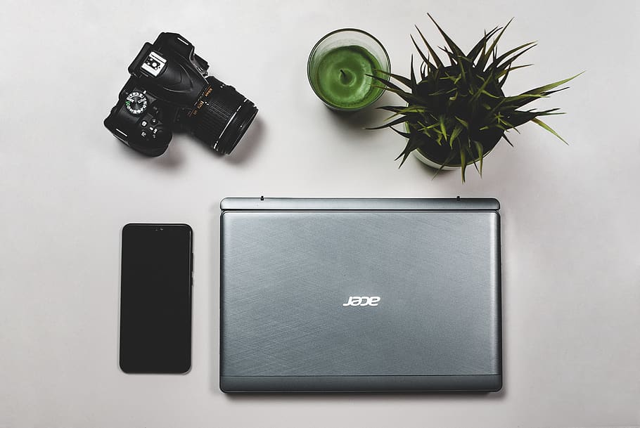 grey Acer laptop beside black smartphone and black DSLR camera, HD wallpaper
