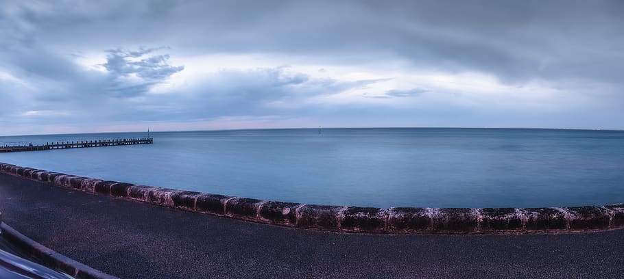 panoramic, ocean, pier, blue, horizon, long exposure, water HD wallpaper