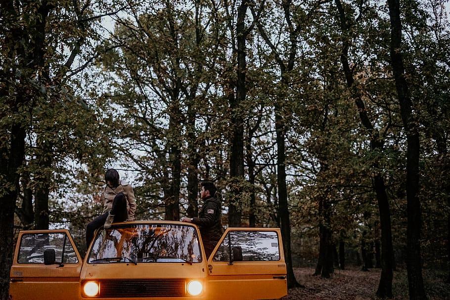 two man riding yellow van at forest during daytime, person, human