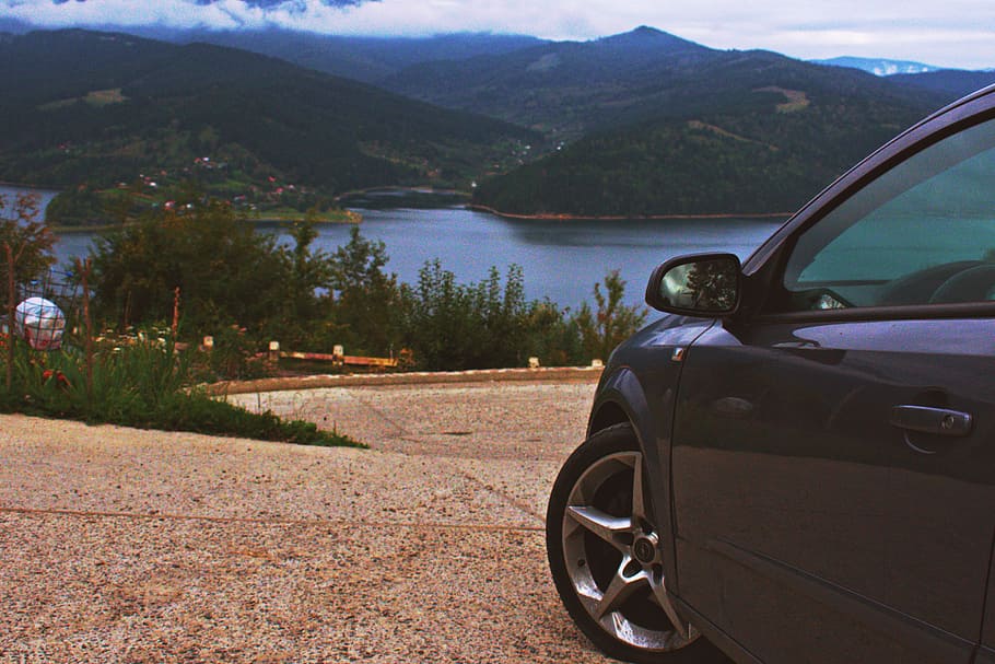 Black Car Parked Near Trees, automobile, clouds, daylight, lake HD wallpaper