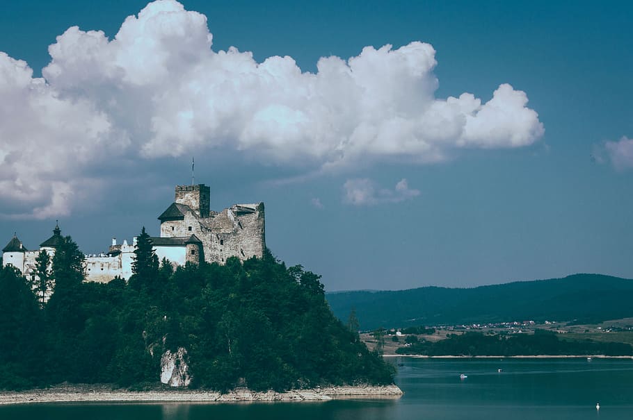 cloud, sky, sea, ocean, water, trees, plant, palace, castle HD wallpaper