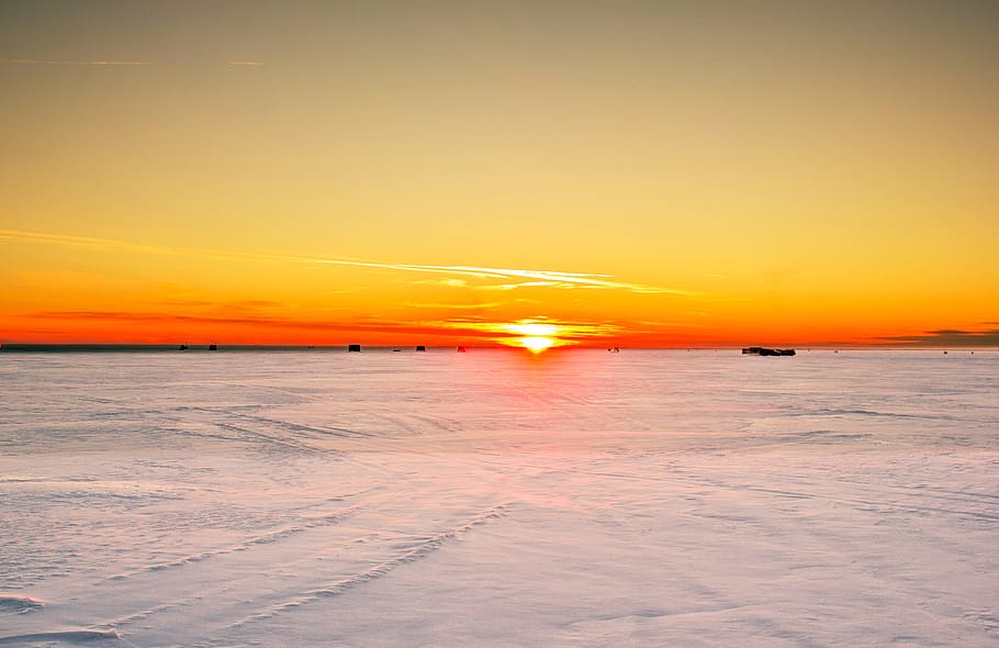 sunset, snow, ice, lake, horizon, landscape, sky, scenic, tents HD wallpaper