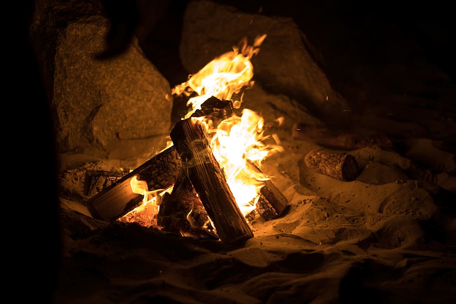lit bonfire on sand, wood fire, fire - Natural Phenomenon, flame HD wallpaper