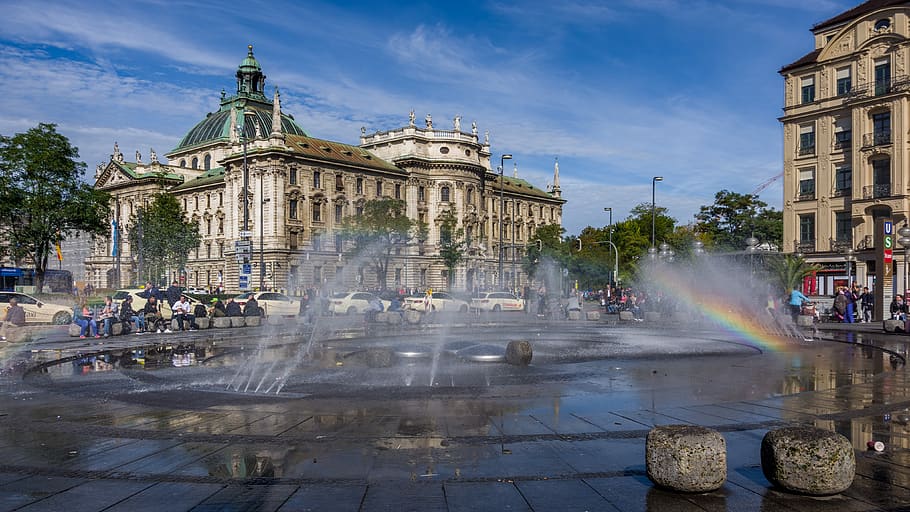 fountain, waters, architecture, city, travel, building, munich, HD wallpaper