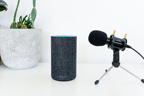 Amazon Echo near dynamic microphone, home decor, electrical device HD wallpaper
